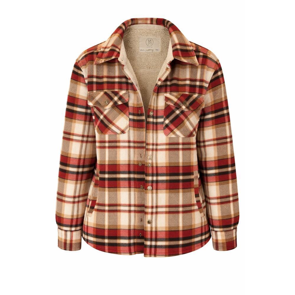 Sage Collective Sherpa Lined Plaid Shacket Women’s XL Red Tan Button Jacket Cozy